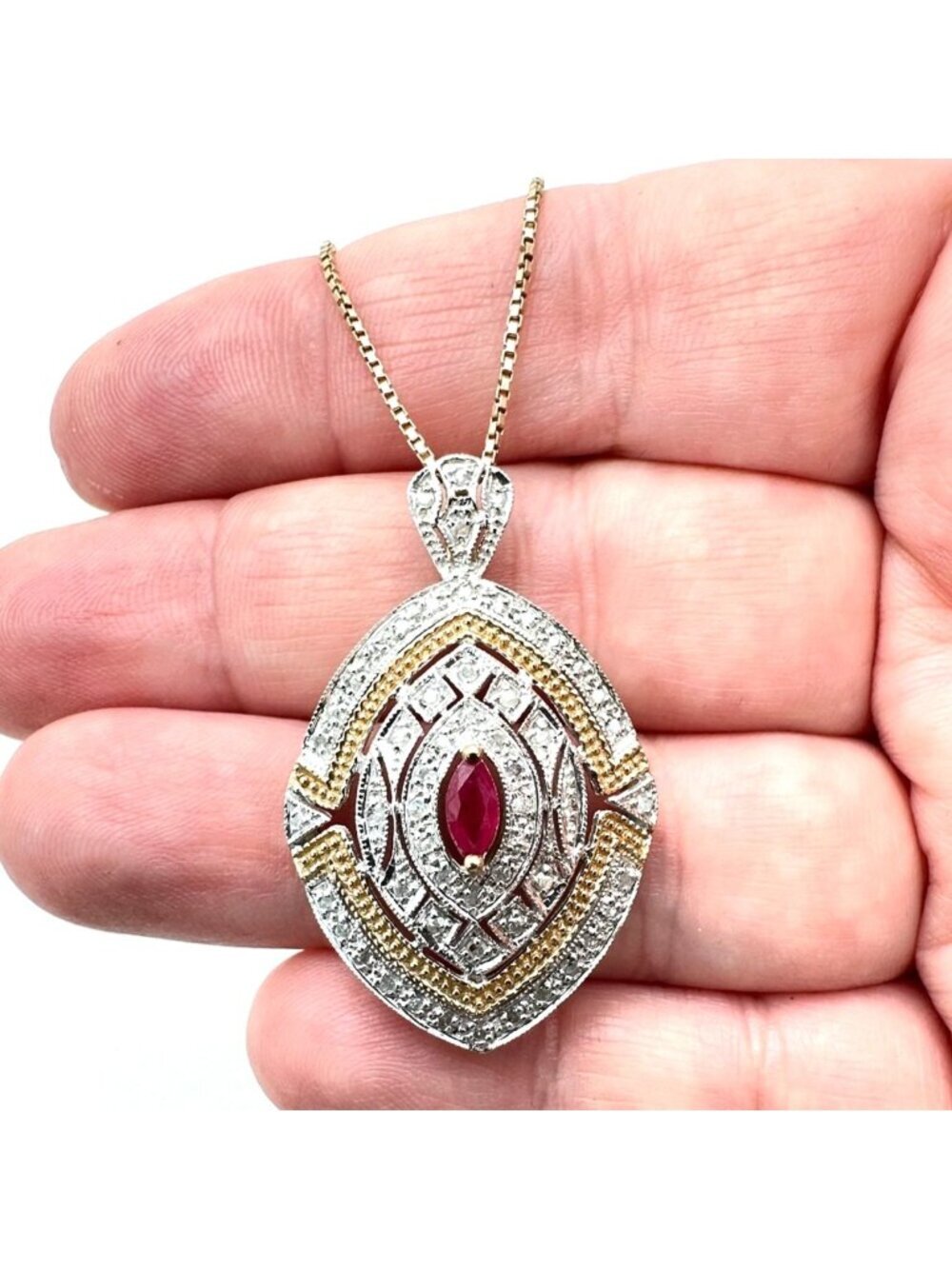 Womens Necklace 10K Yellow White Gold Diamond Ruby 1.5 Pendant 22 Inch 8.6 Grams